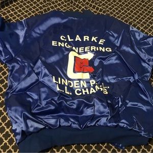 VTG Rennoc Clarke Engineering Blue Satin Bomber Jacket Men's Large USA Made